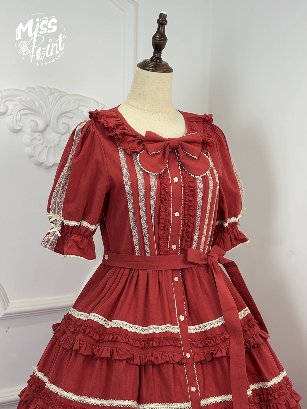 Miss Point~Cat Rose Tea~Elegant Lolita OP Open-front Short Sleeve Tiered Dress 42135:727836