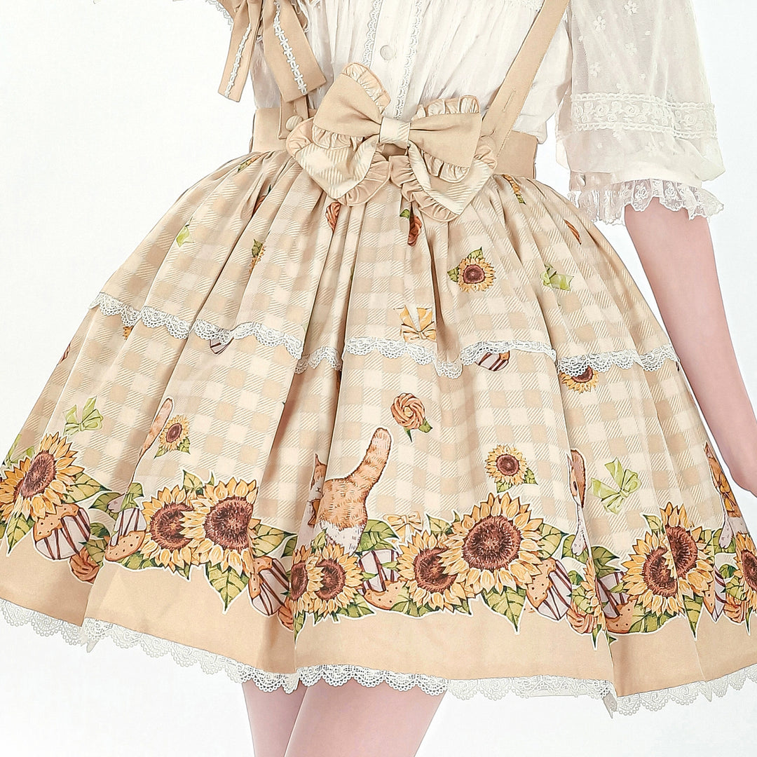 Chaton Jardin~Sunny Cat~Sweet Lolita Suspenders SK Sunflower Print Lolita Skirt Small size (fits S-M) Light yellow 