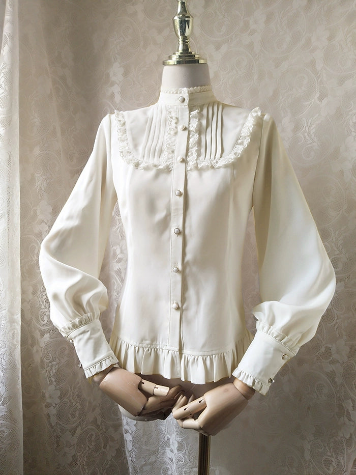 Youlan Lane~Classic Lolita Shirt Elegant Lollita Blouse With Stand Collar XS Ivory 