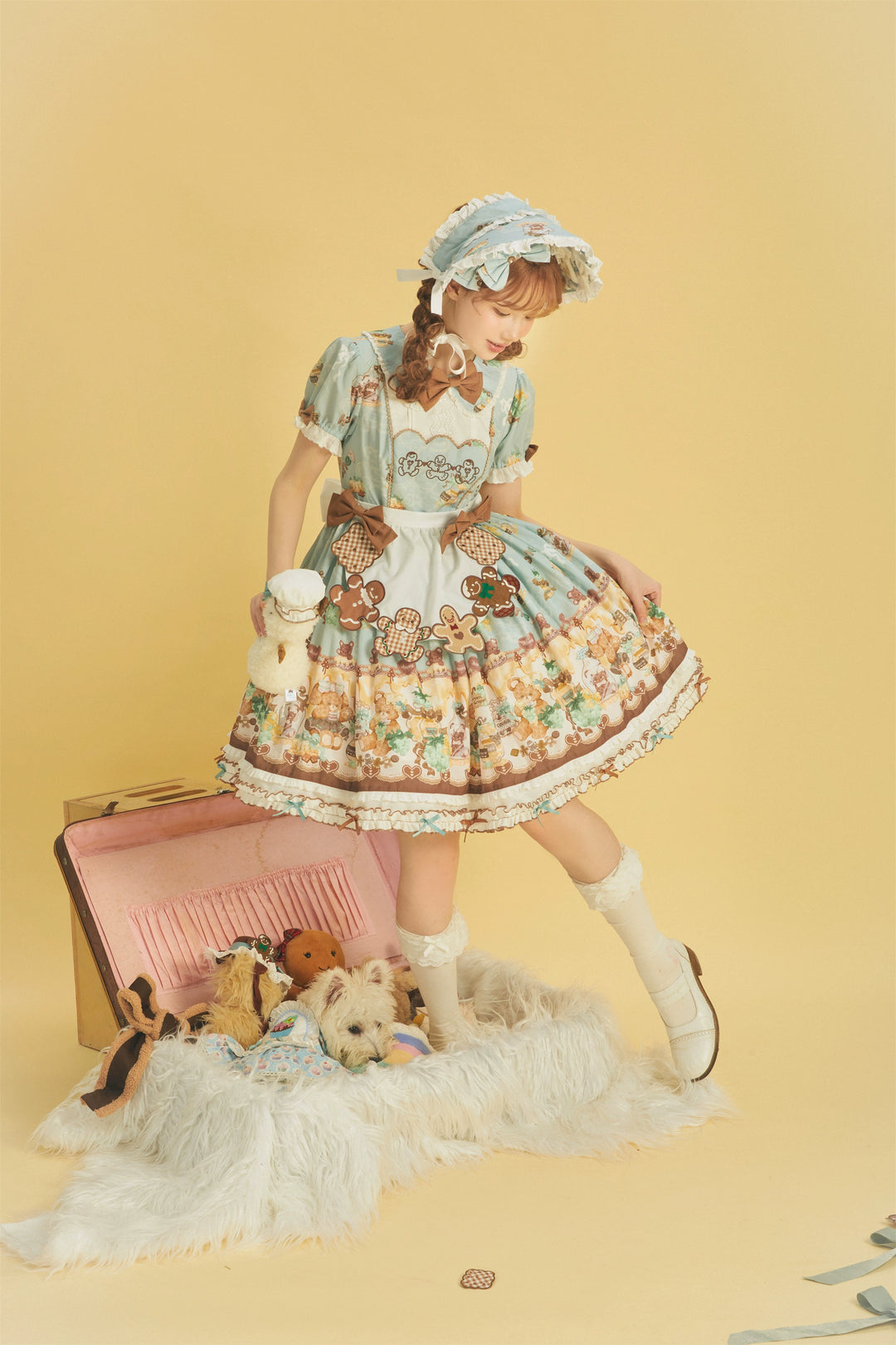 Babyblue~Little Bear Honey Jar~Kawaii Lolita Short Sleeve OP Gingerbread Man Embroidered Dress