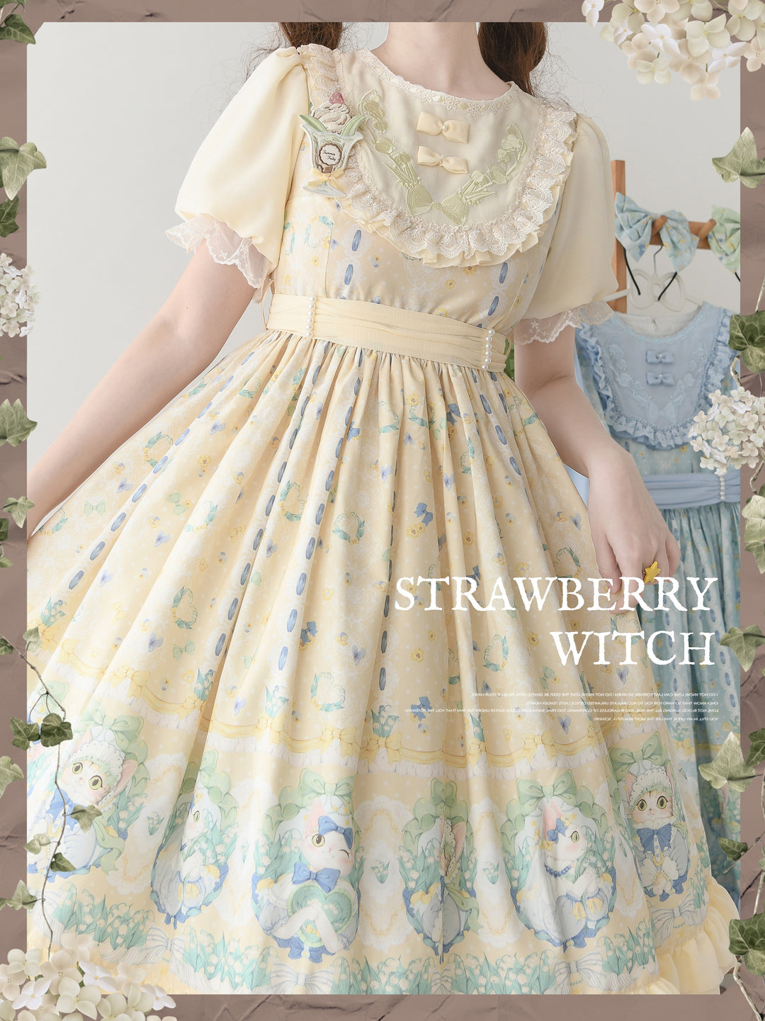 Strawberry Witch~Lily of the Valley Kitten~Country Lolita OP with Embroidery and Cat Print