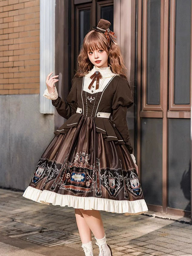 Jinmu~Chocolate Academy~Vintage Lolita OP Long Puff Sleeve Schoolgirl Lolita Dress 40344:657244