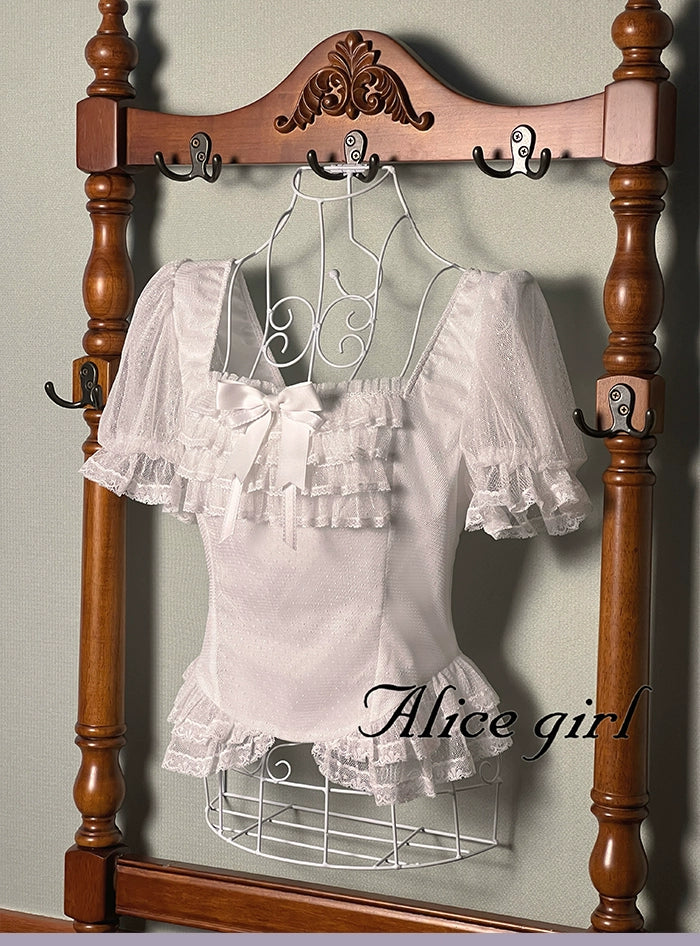 Alice girl~Yesterday Morning Mist~Classic Lolita Shirt Polka Dots Tulle Short Sleeve Blouse