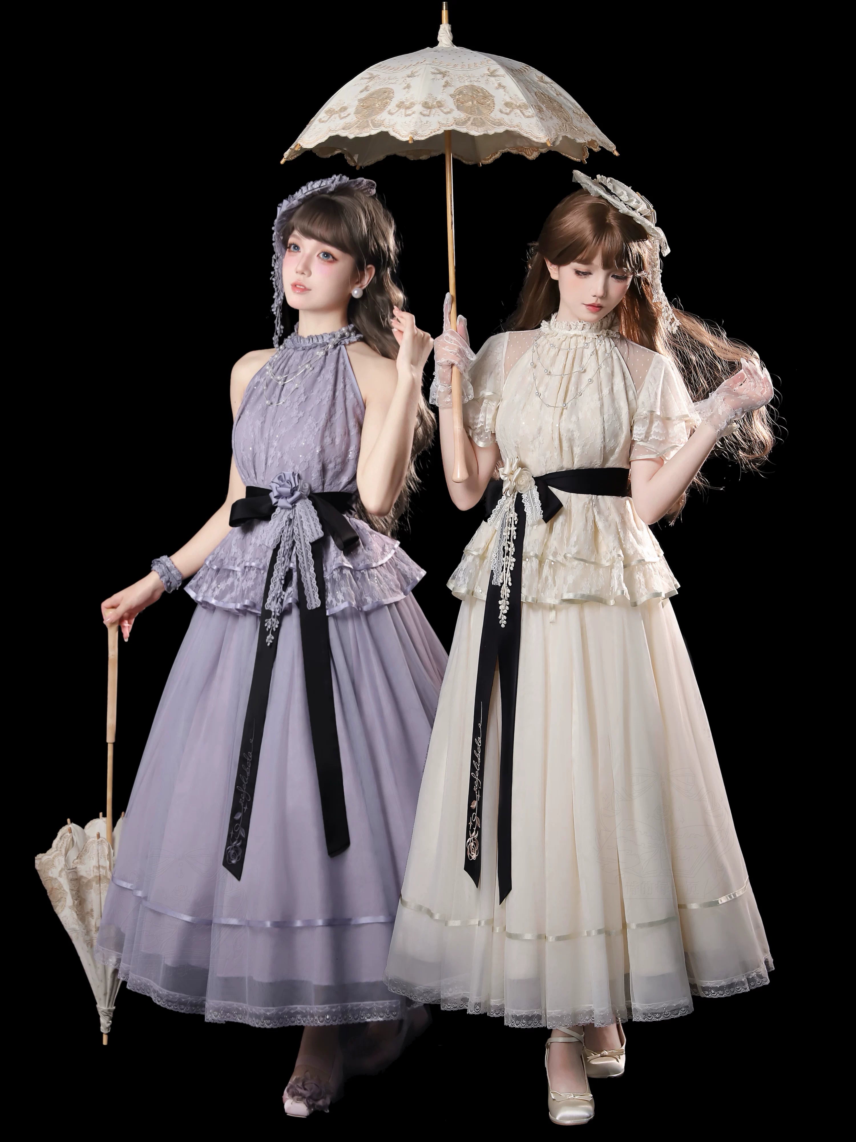 Moonlight Ode - Classic Lolita Lace Halter-neck Blouse & Tulle Skirt Set