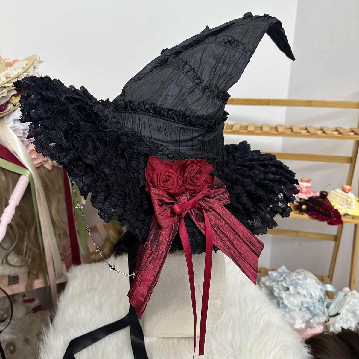 Gothic Lolita Witch Hat with Rose Bow Witch Hat + Red Rose
