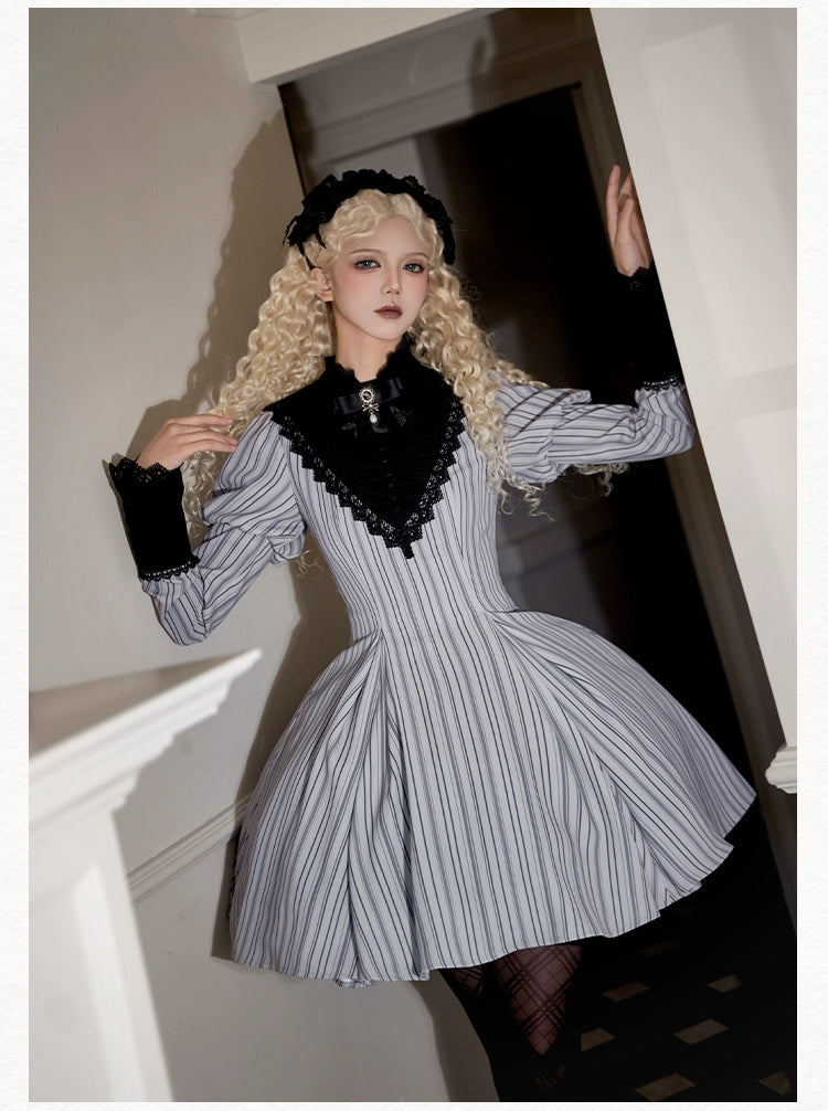 With PUJI~Nocturne SP~Striped Gothic Lolita OP Twin Lolita Dress with Apron