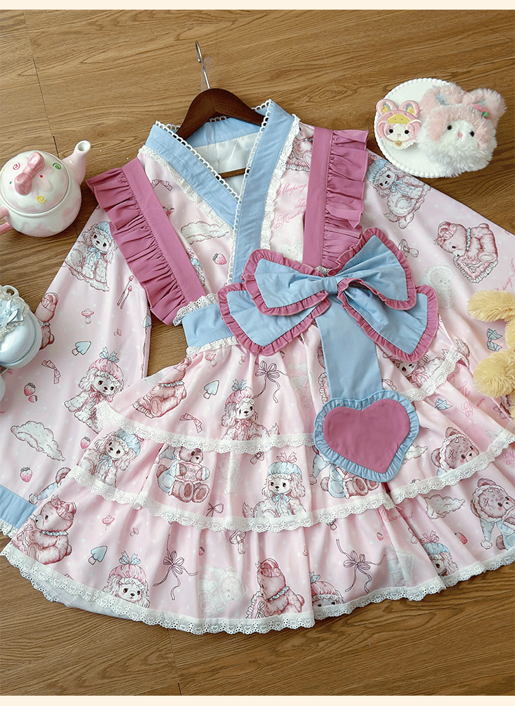 Niu Niu~Showa Moe Bear~Plus Size Wa Lolita Dress Set Kawaii Lolita SK Suit