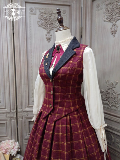 (BFM)Miss Point~Rose~Elegant Lolita Pliad Print Vest Customized S burgundy grid 