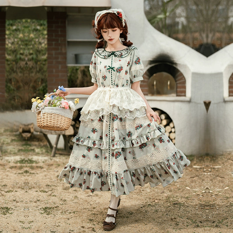 With PUJI~Wind Tour~Country Lolita OP Dress Cherry Floral Prints Lolita Dress Beige shawl S 