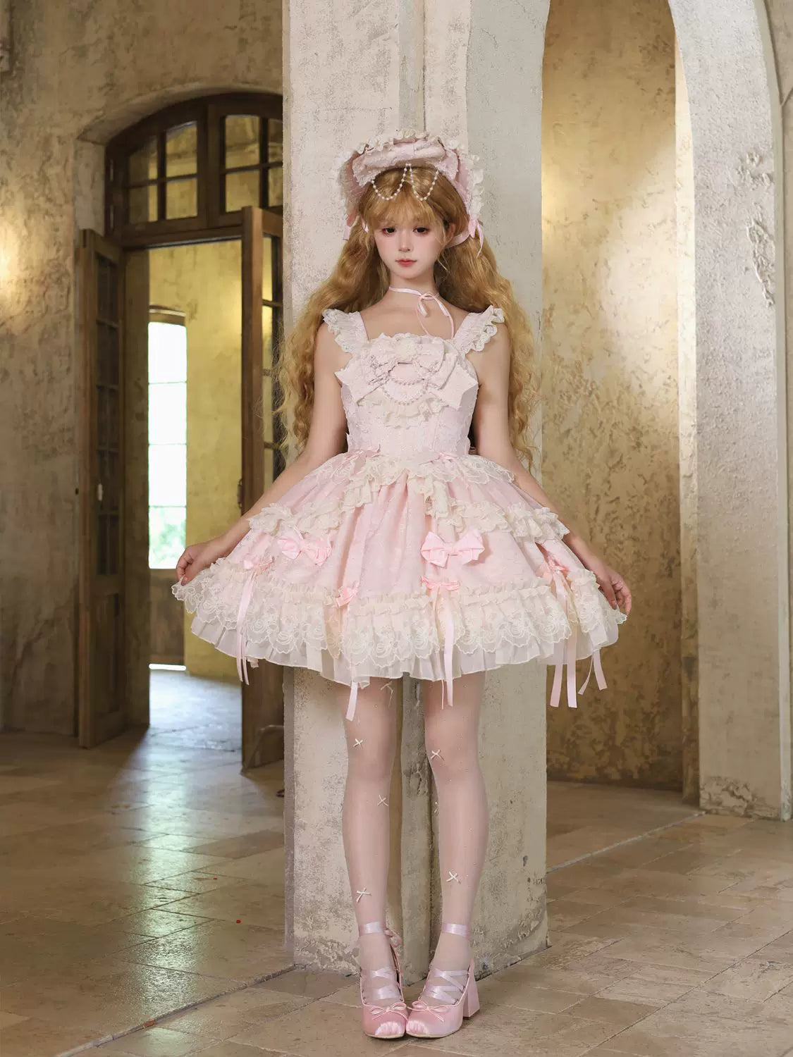 Blooming Love - Ballet-inspired Sweet Lolita JSK Dress, Lace & Bows Pink - JSK Only S