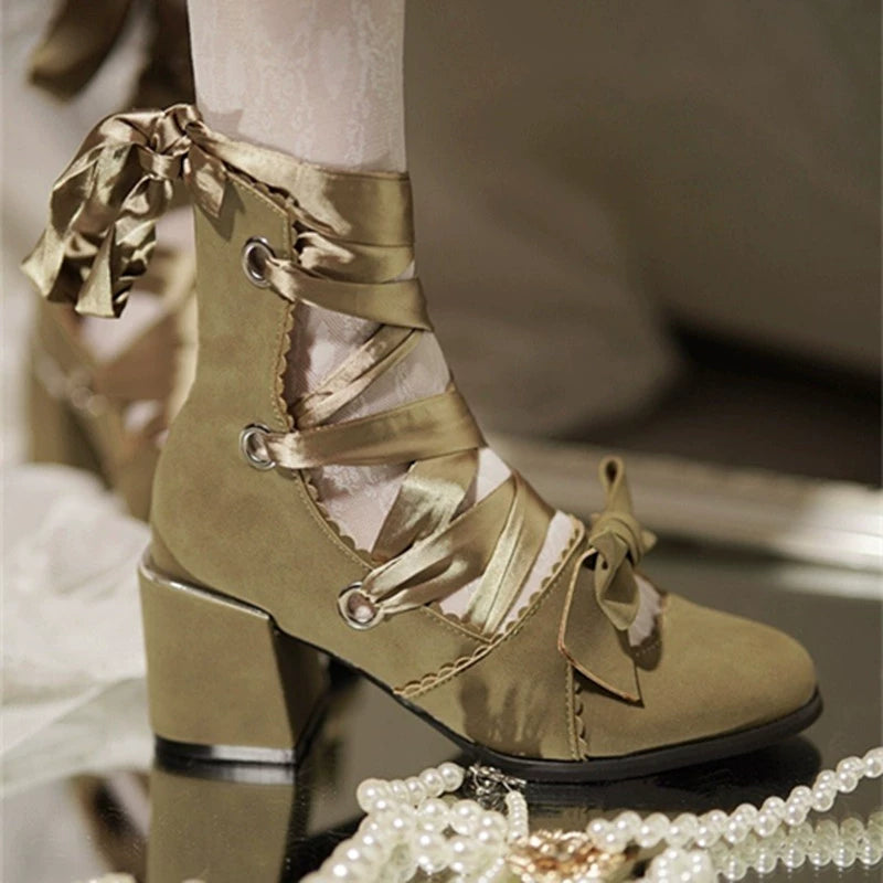 MR.Qiutian - Muse Kiss - Elegant Lolita Shoes Lace-up Bow Heels Round Toe 35 Army Green-6cm Heel Height