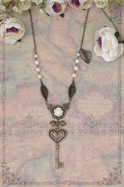 Rose of Sharon~Garden Key~Retro Lolita Necklace Long Pearl Sweater Chain   