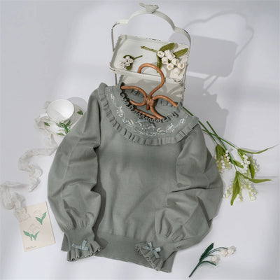 (BFM)NyaNya~Long Sleeve Knit Lolita Sweater Embroidered Innerwear a sweater only S grey green (Lily of the valley embroidery)