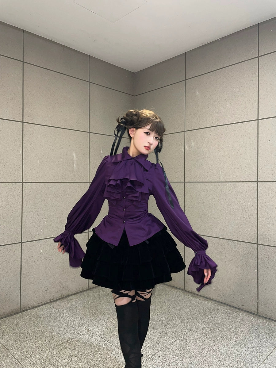 (BFM)FlowerFairyDaily~The Aria Of Night~Gothic Lolita BlouseLong Sleeve Ruffles Shirt XS Purple 