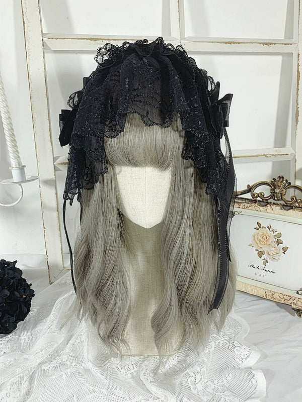 (BFM)Sweet Jelly Lolita~Gothic Lolita Headband Black Bow Lace Hair Accessory   