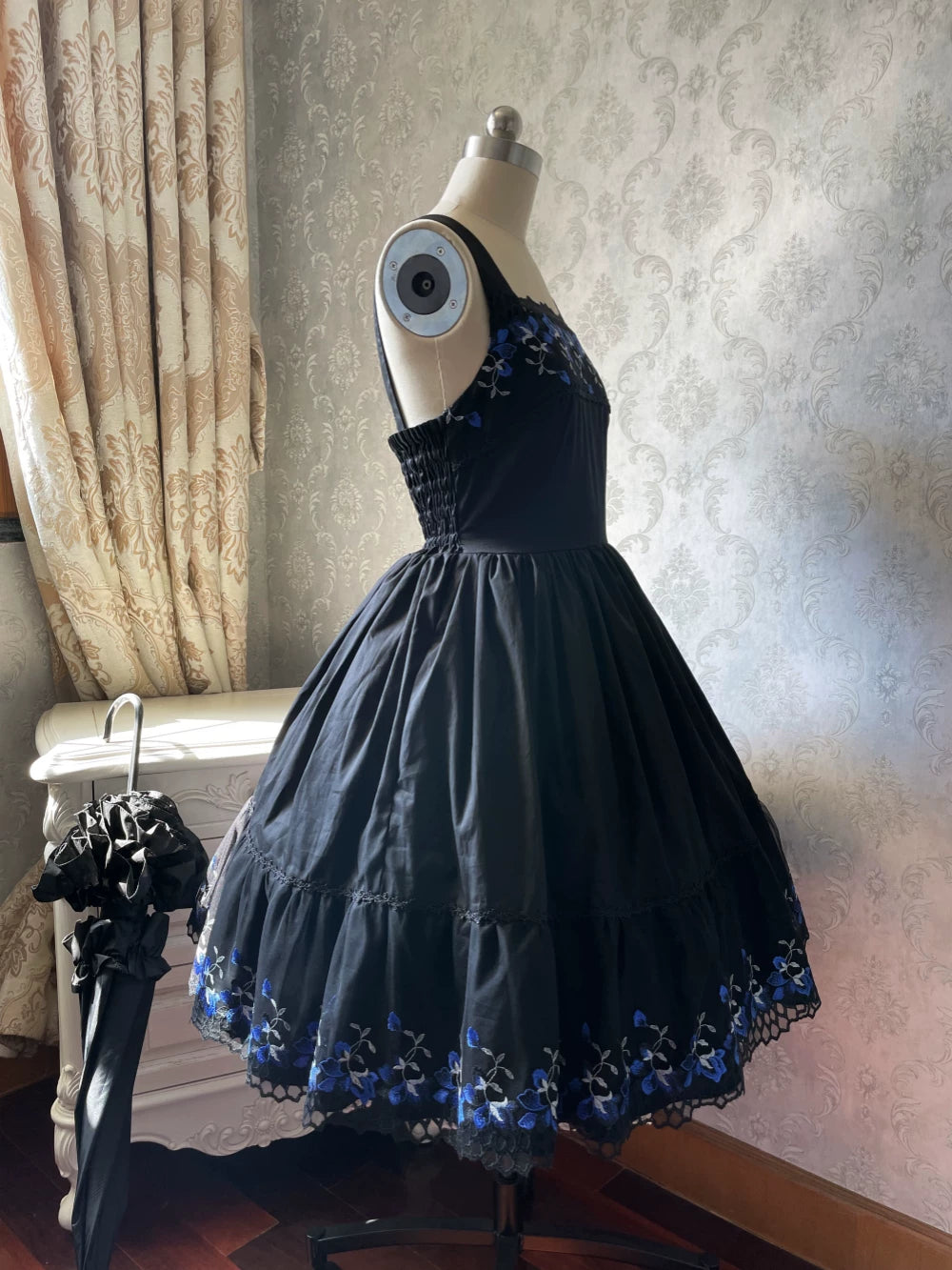 Alice of the Night - Gothic Lolita JSK Cotton Dress, Embroidery & Blue Florals