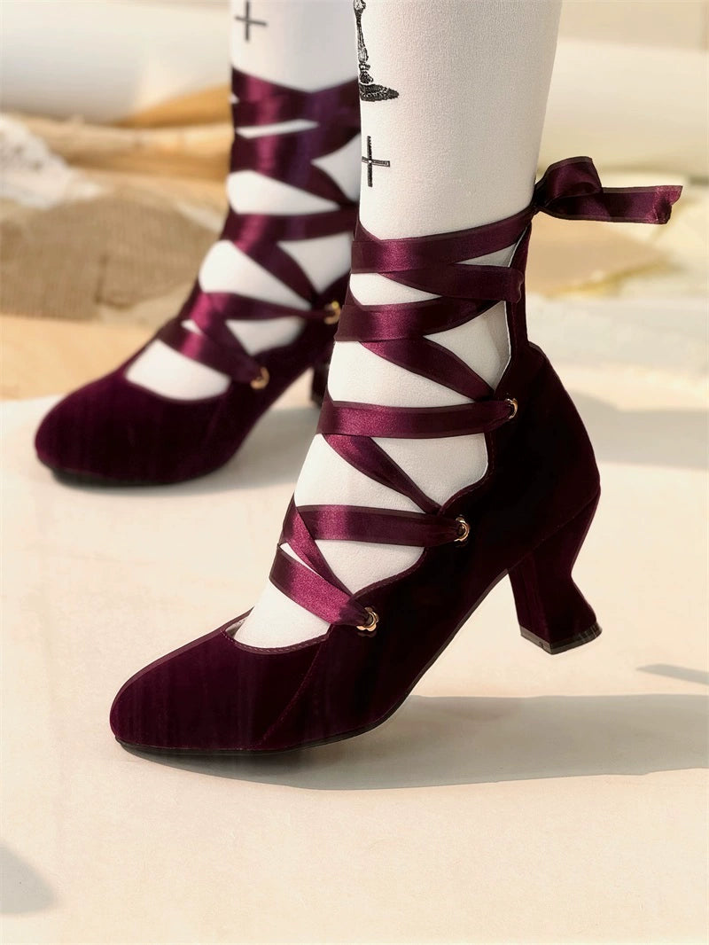MR.Qiutian - Forbidden Dance - Elegant Lolita Velvet Shoes, Adjustable Lace-Up Straps 43837:786401