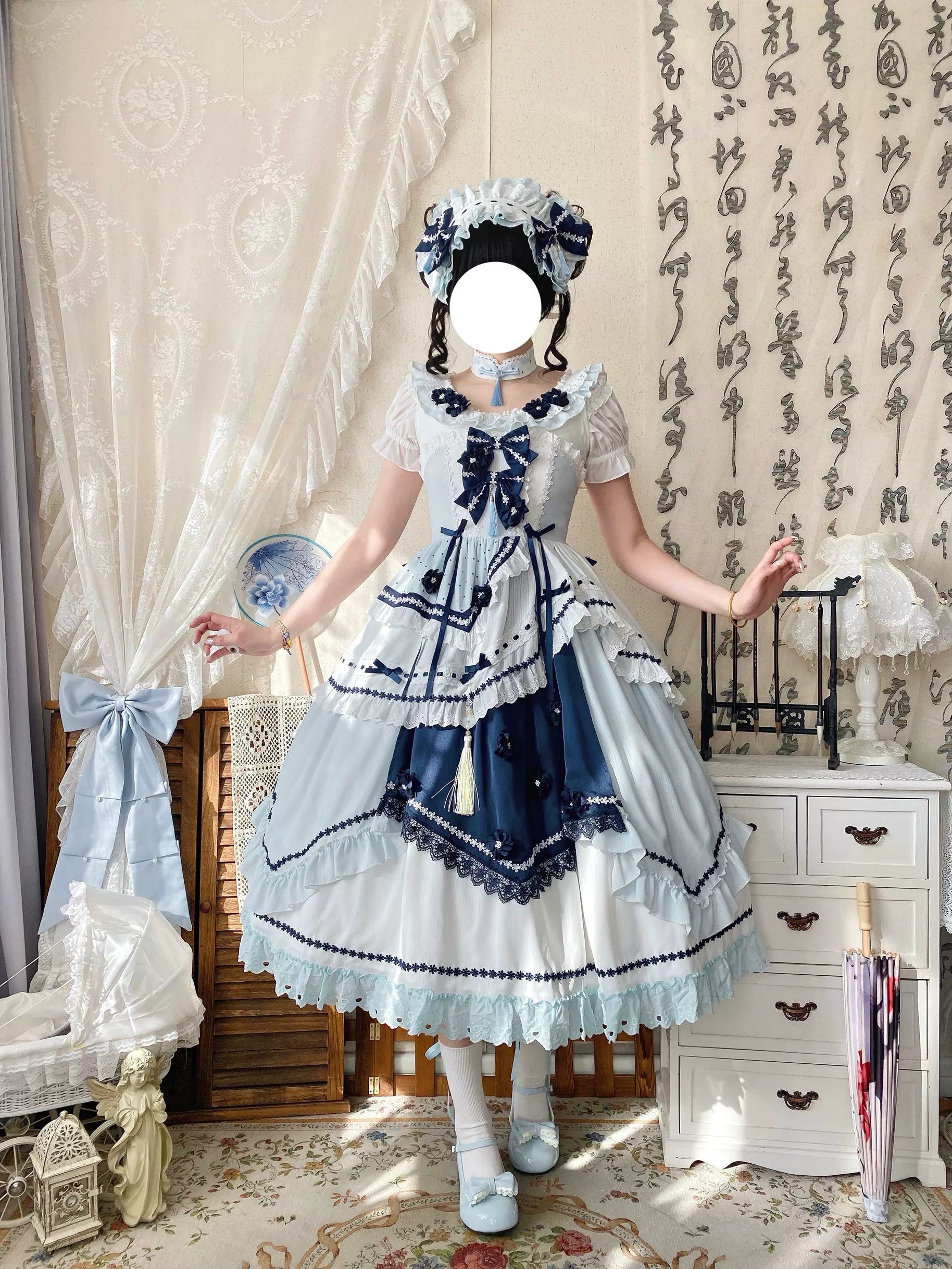 Blue and White Dream - Classic Lolita JSK Dress, Irregular Layered Hem 44796:823218