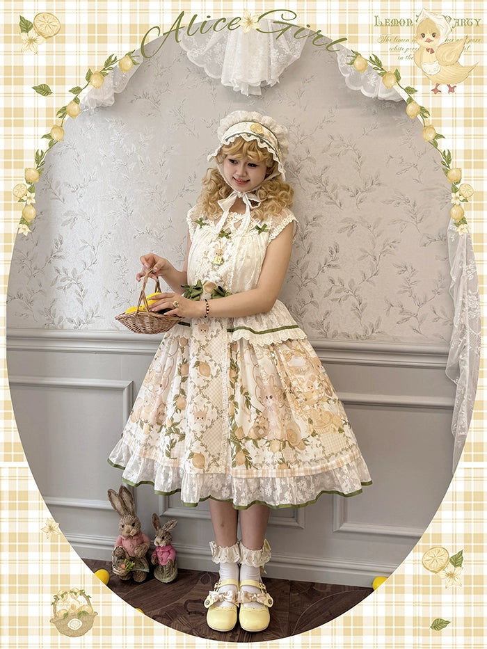 Alice girl~Lemon Rabbit~Kawaii Lolita Bonnet Brooch Embroidered Triangle Scarf   