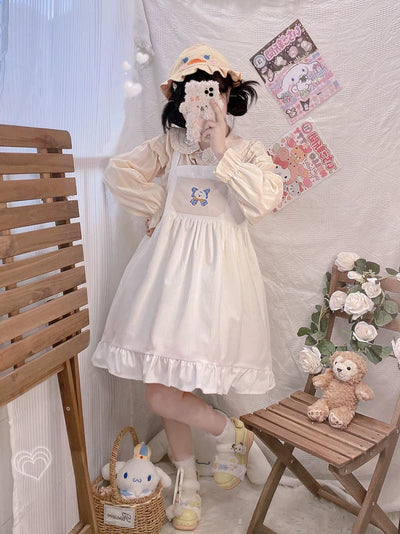 White Sugar Girl~Sweet Lolita Salopette Velvet Suspender Skirt with Large Bow white free size 