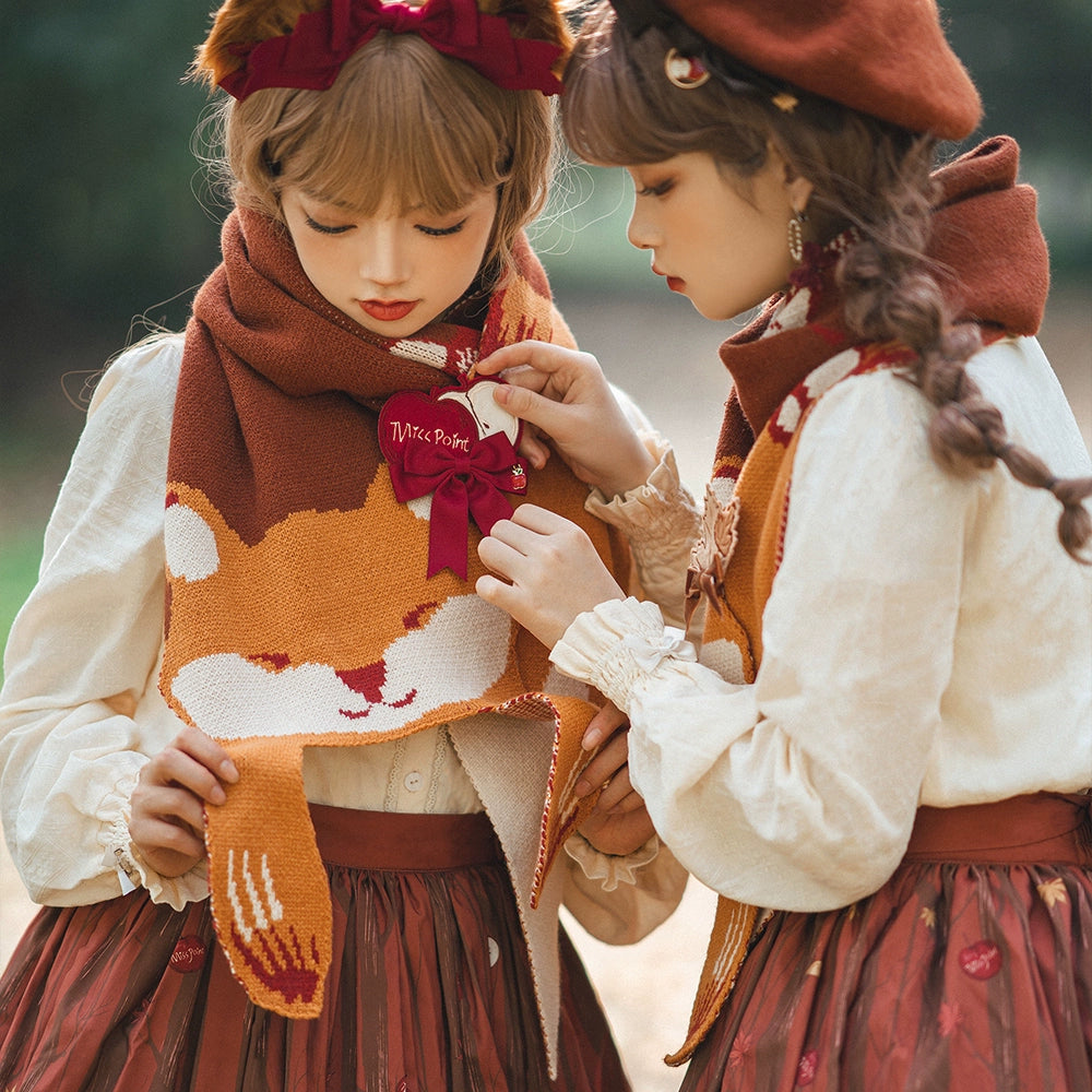(BFM)Miss Point~Fat Fox in the Forest~Kawaii Lolita Accessories Knitted Fox Scarf Embroidered Faux Collar   