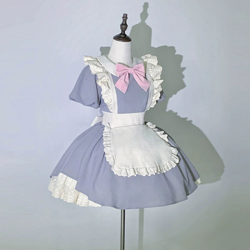 With PUJI~KissKiss~Maid Lolita OP Dress Pleated Lace Multicolor Dress S Gray OP + light pink bow 