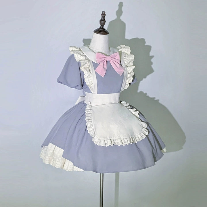 With PUJI~KissKiss~Maid Lolita OP Dress Pleated Lace Multicolor Dress S Gray OP + light pink bow