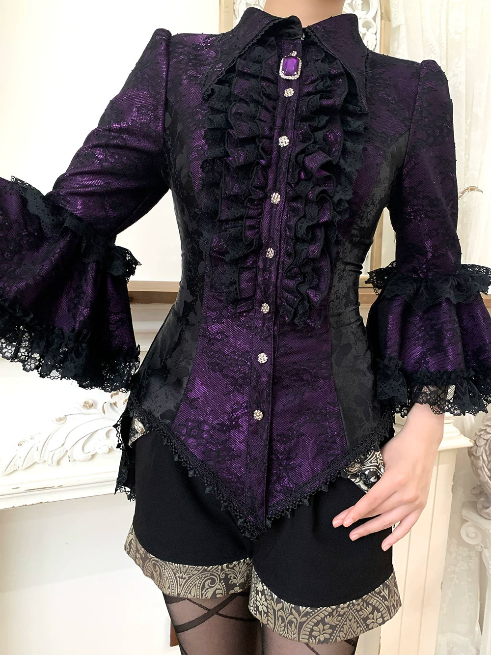 Chill Rice - Jacquard Long Sleeve Ouji Lolita Blouse, Tail Accent Purple - Long Sleeve Blouse (long version) S