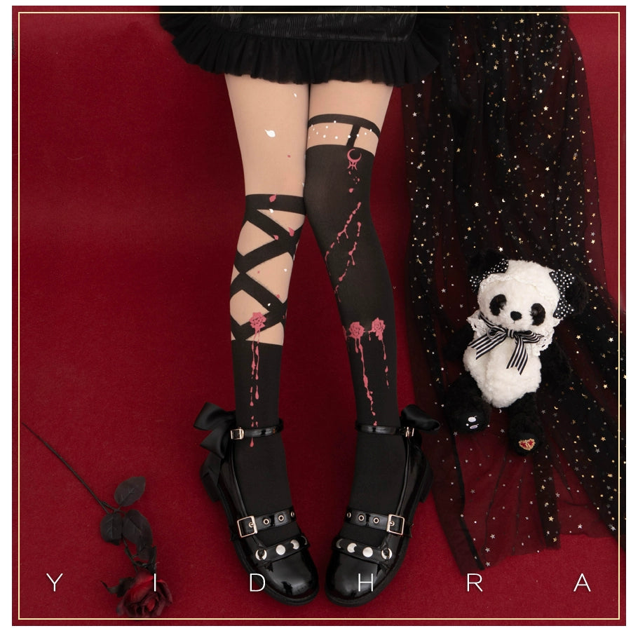 Yidhra~Fantasy Bride~Goth Lolita Pantyhose Rose Prints Pantyhoses   