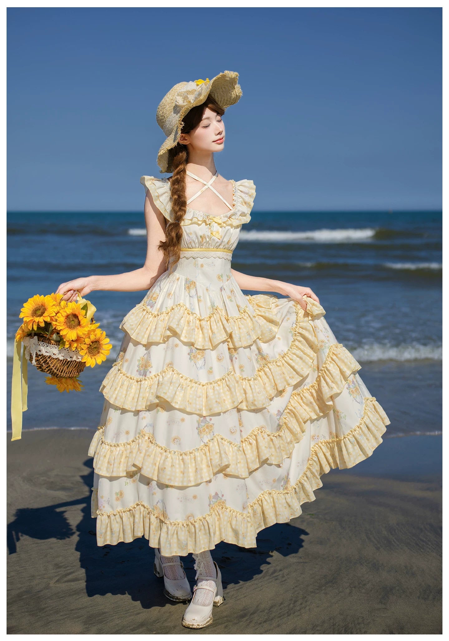 Small Sunflower - Classic Lolita Sunflower Printed JSK Dress, Tiered Hem 45740:860867