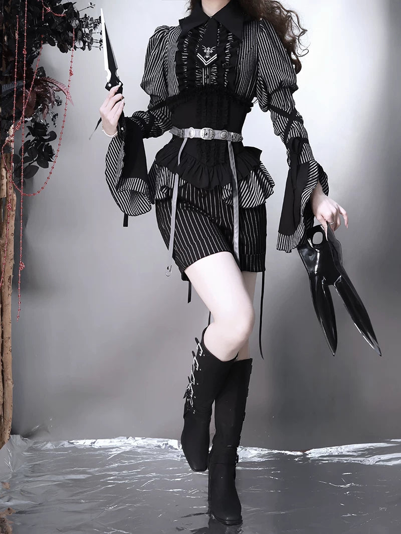 Striped Wednesday - Gothic Lolita Striped Blouse Set, Ruffled Corset 45176:838917