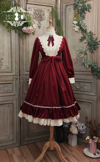 (BFM)Miss Point~Customized Lolita Dress Vintage Elegant Velvet OP Dress XS Wine red 