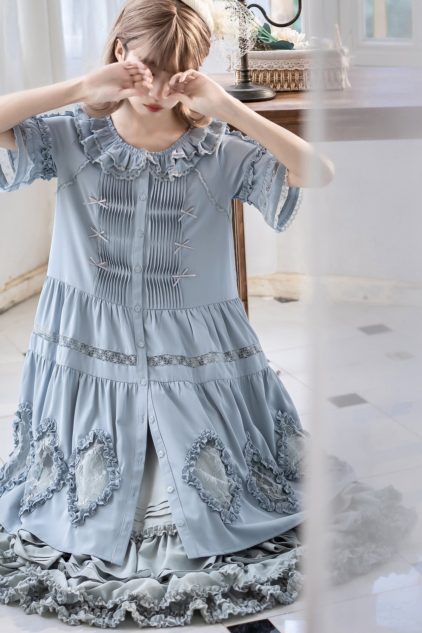 Little Dipper~Daily Lolita Hollowed-out Apron Dress Multicolors S gray-blue (short sleeve) 