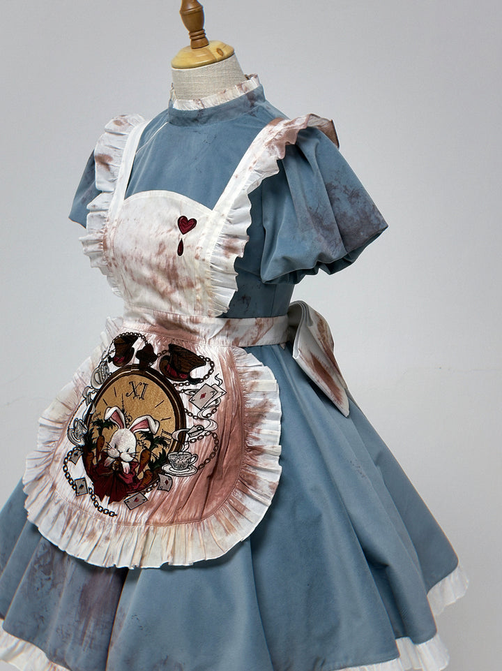 YourHighness~Dark Fairy Tale Alice~Gothic Lolita OP Dress Bloodstained Horror OP Embroidered Apron XS Gray Blue OP (default without bloodstained) 