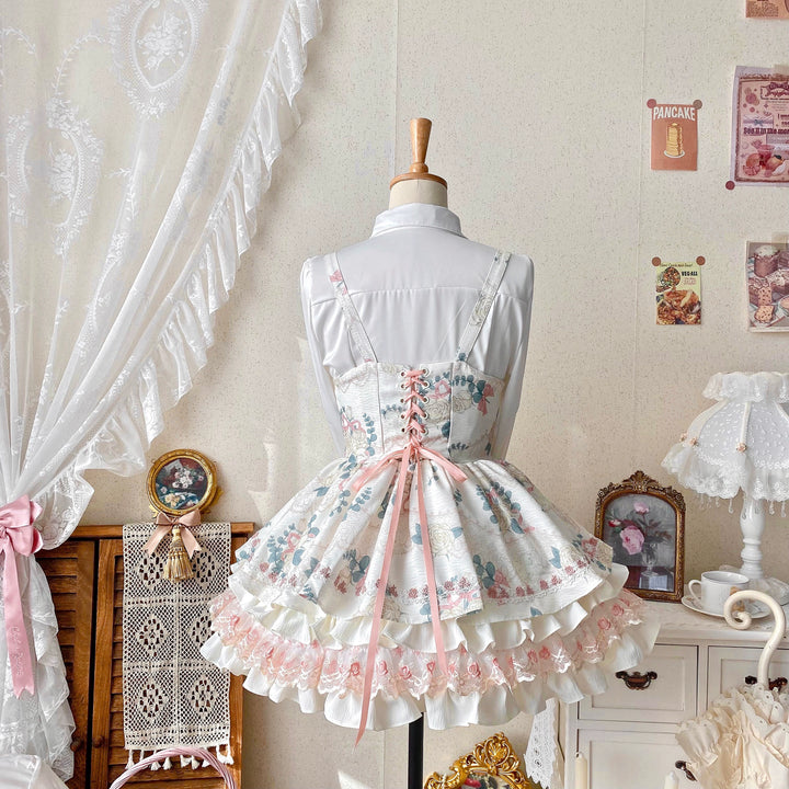 Qianmu~Rose Cream~Sweet Lolita Dress Fishbone Tiered Bust-supporting Dress   