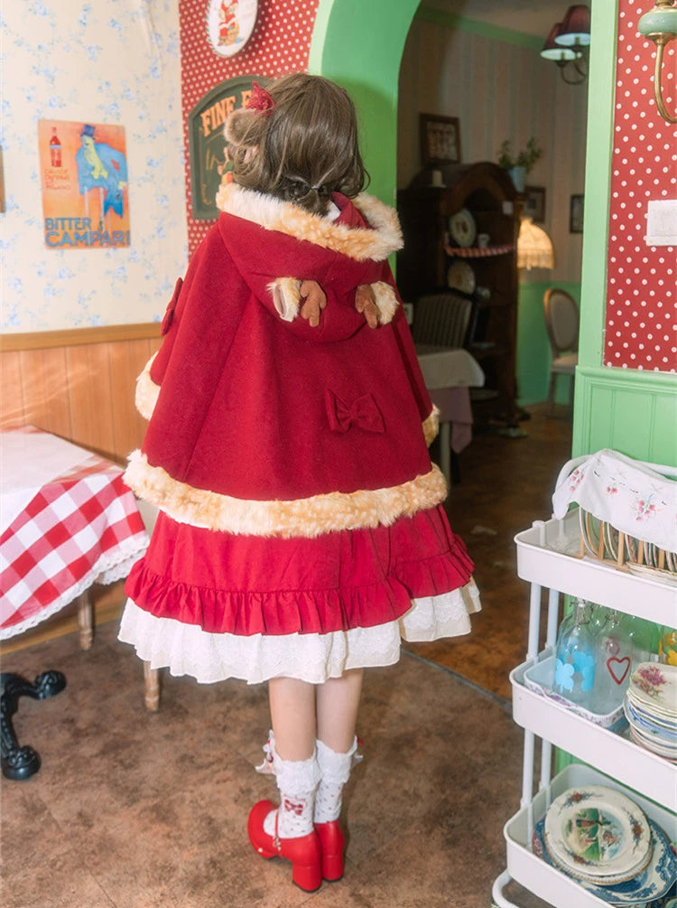 Teddy Bear~Winter Lolita Cape Christmas Deer Horn Hooded Cloak   