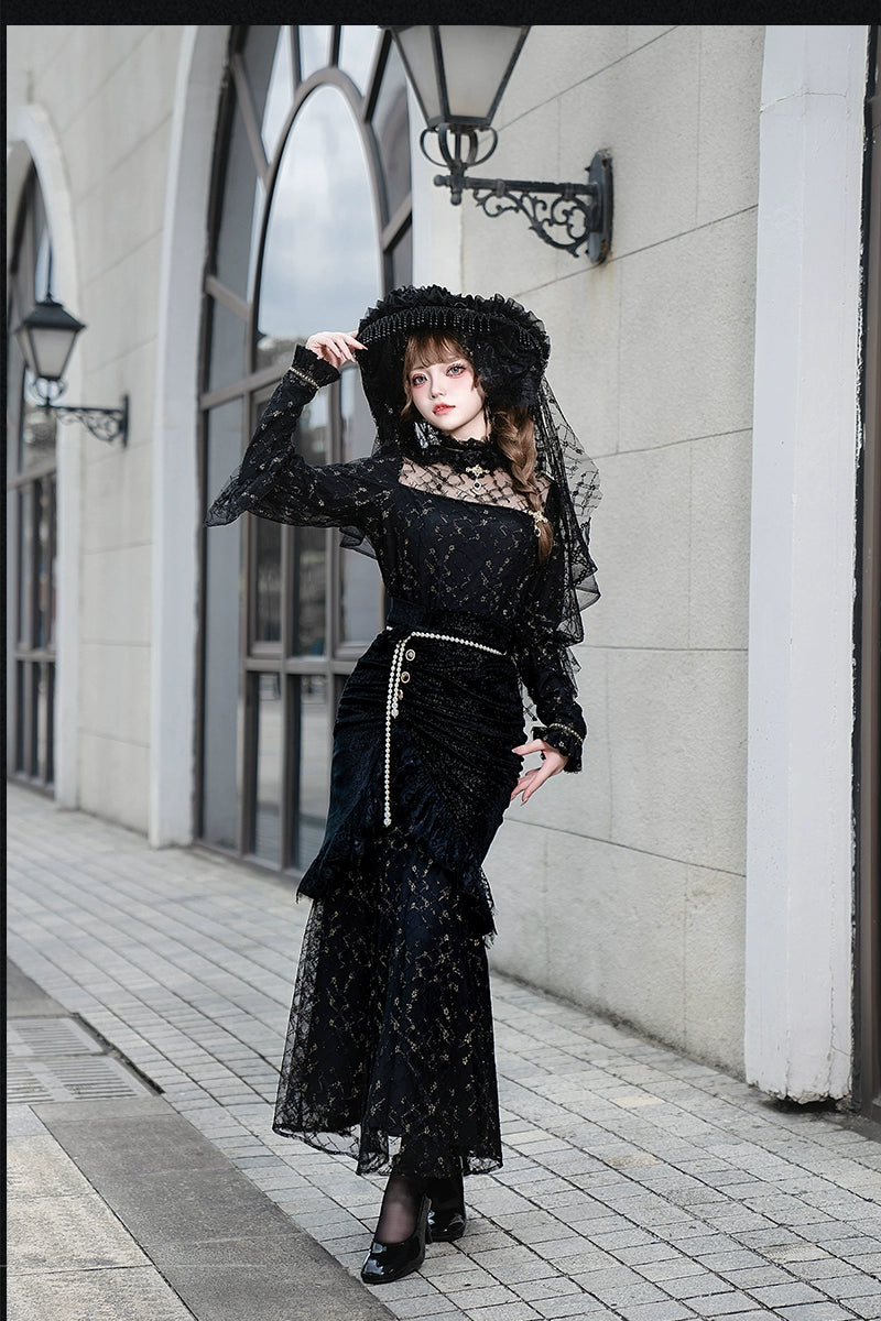 Another Walker~Night and Night Furan~Gothic Lolita Fishtail Skirt Set Black Lolita Set S Shirt + bodycon skirt+ petticoat+ waist chain 