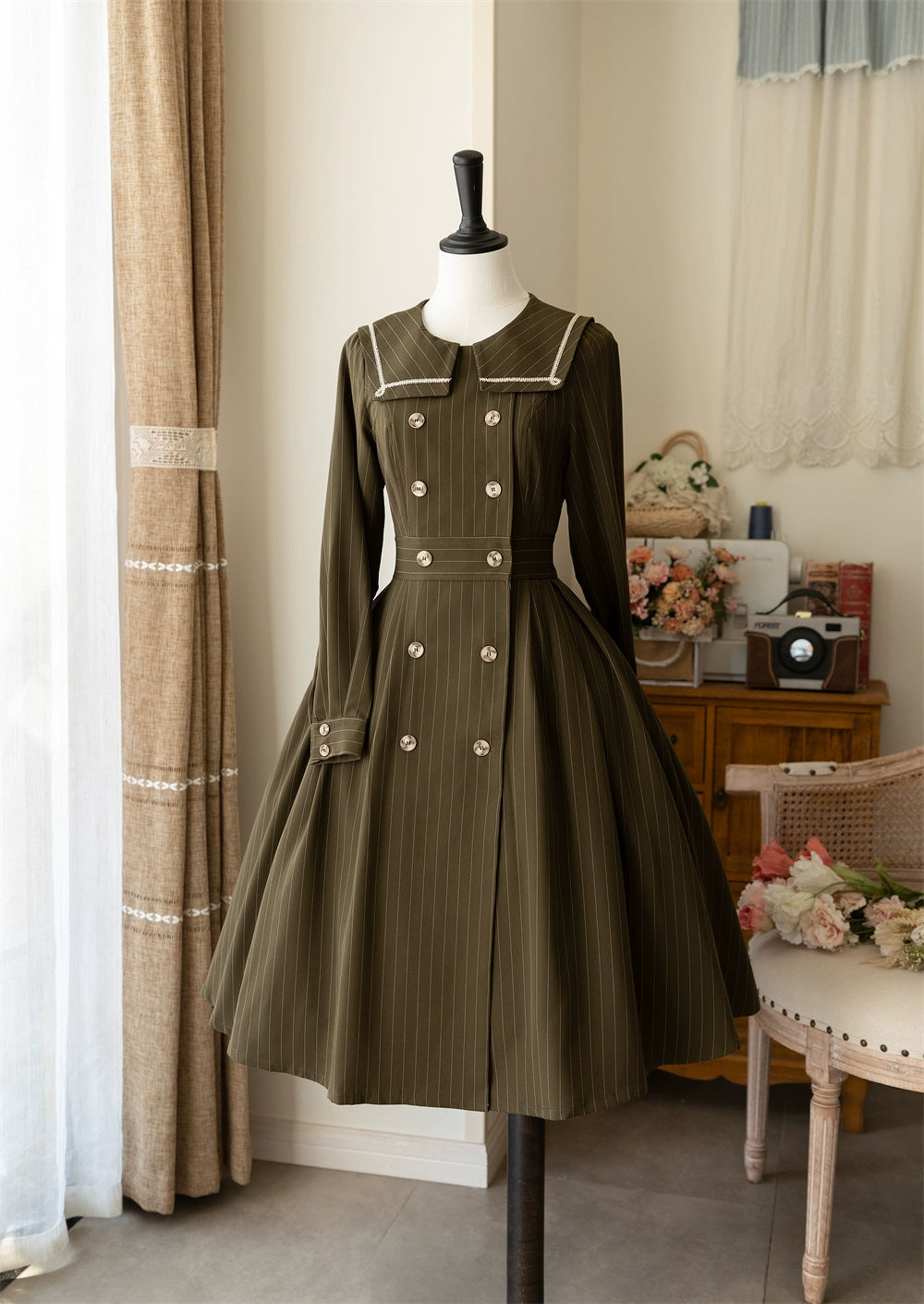 Forest Wardrobe~Classic Lolita OP Autumn Lolita Antique Dress With Stripe S Army green 