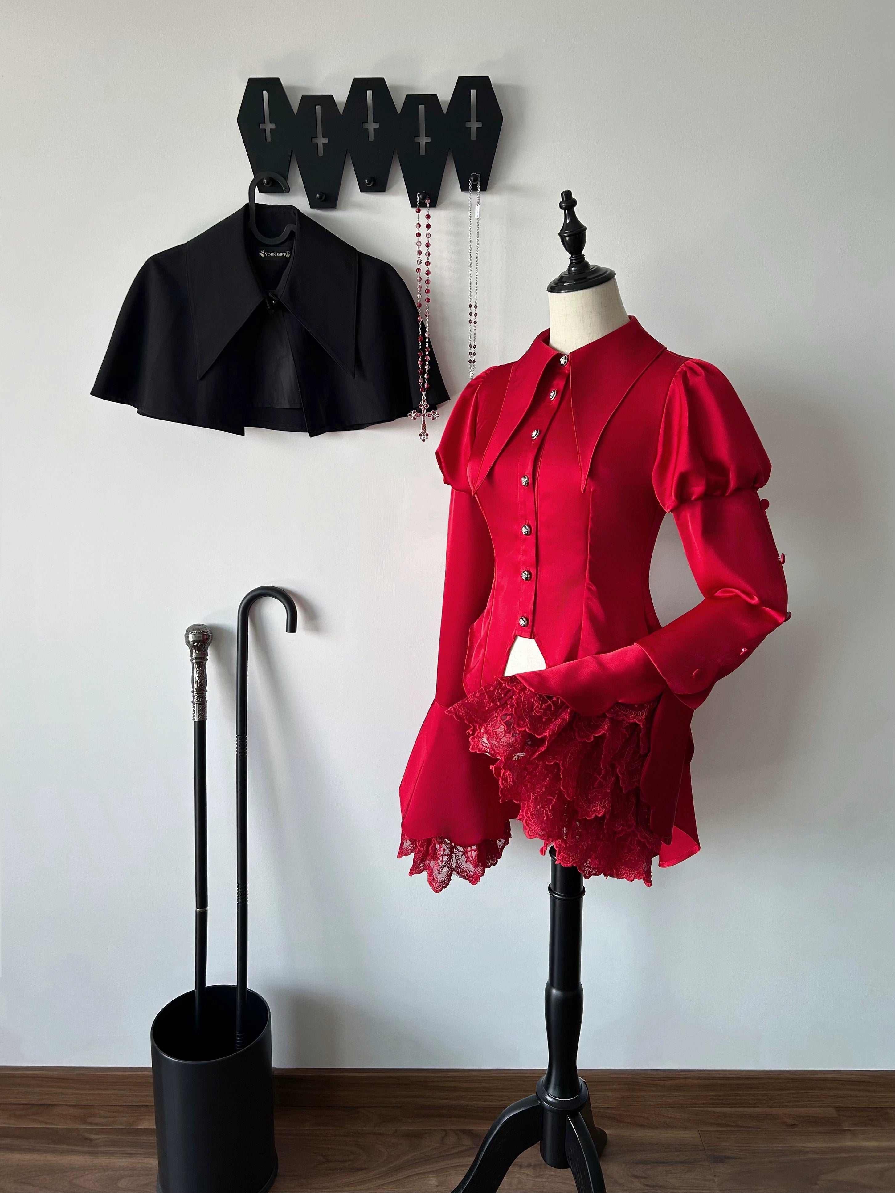 Maiden Portal - Heir Poem - Gothic Ouji Lolita Hime Sleeve Shirt, Trailing Hem (Red / L M S XL XS) 43905:789555