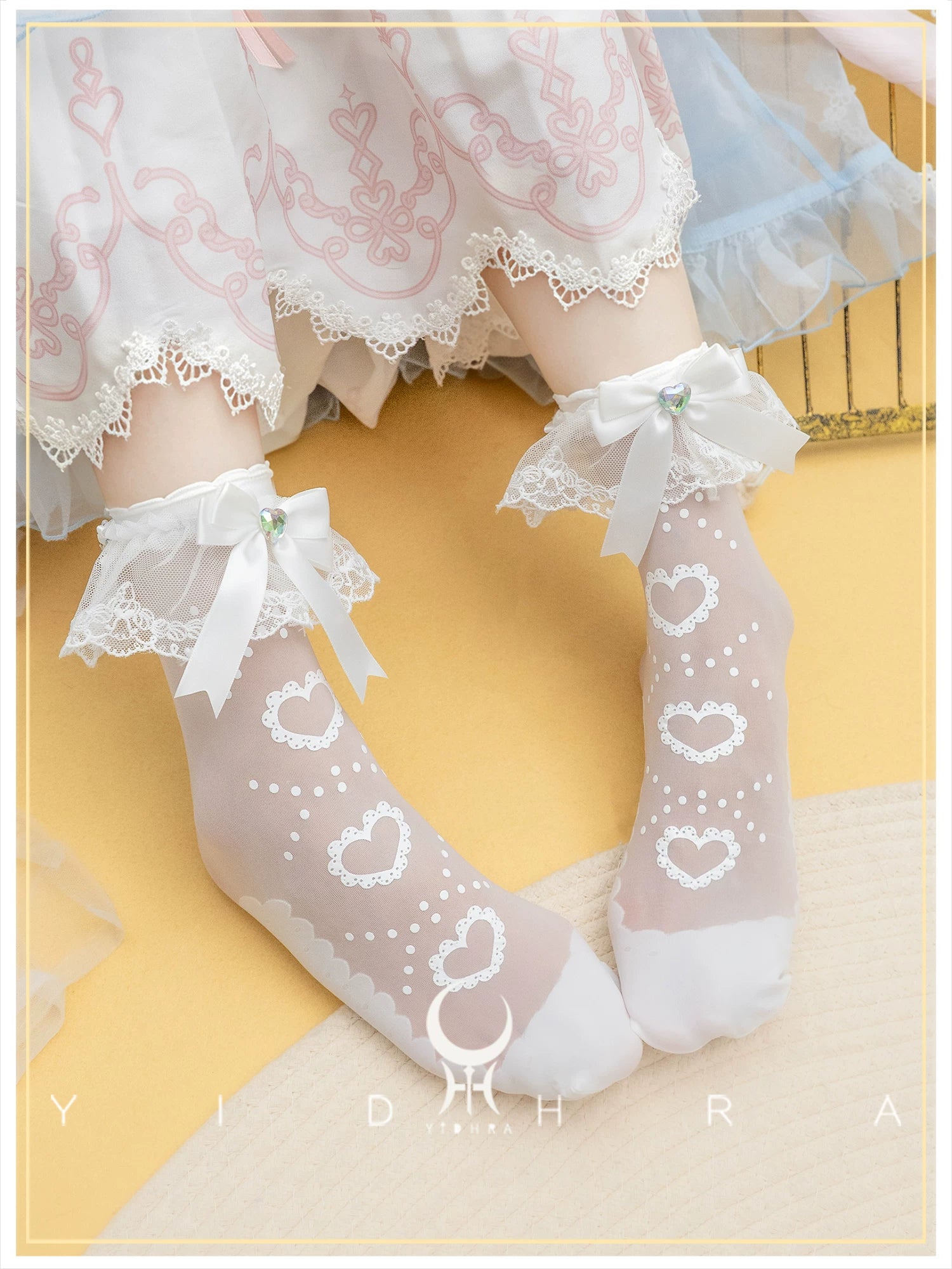 Sweet Lolita Heart Printed Ankle Socks, Detachable Lace Cuffs 45817:863089