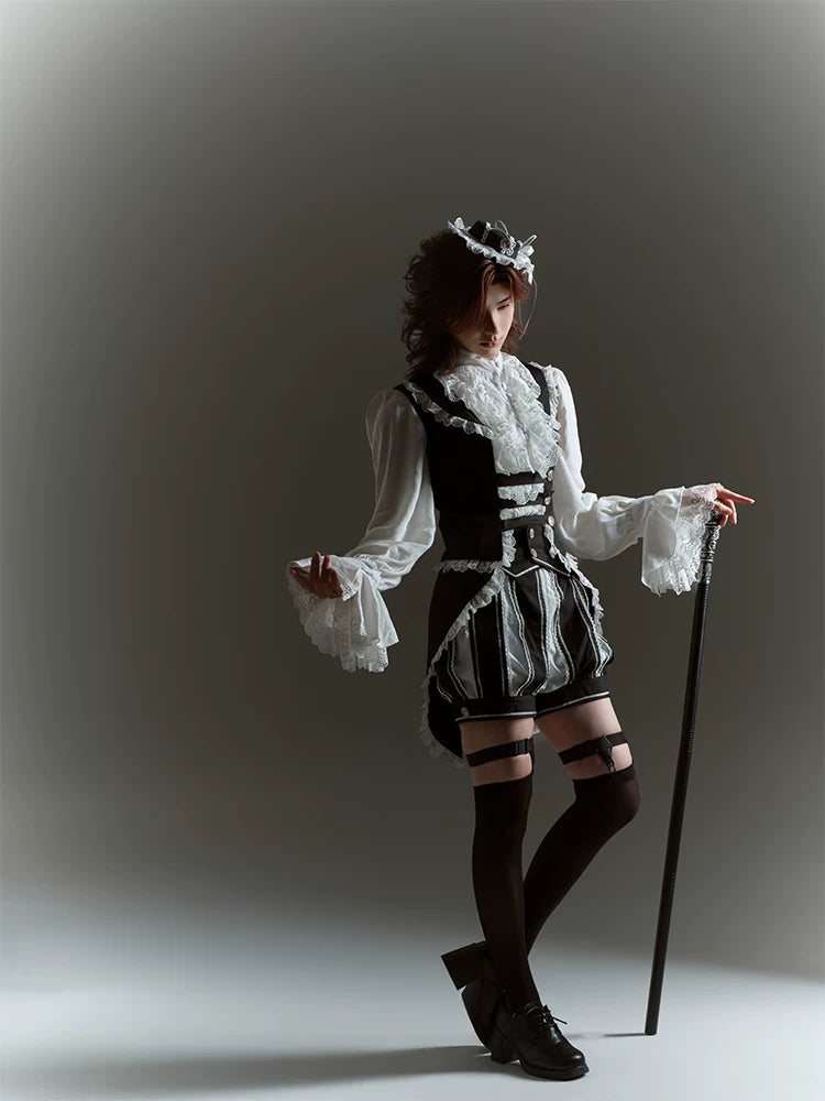 Crow Feather Ode - Ouji Lolita Cotton Linen Shirt and Clock Embroidery Vest Set 45665:857432