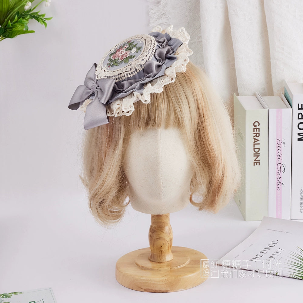 Sugar Time - Sweet Lolita Top Hat, Floral Embroidery