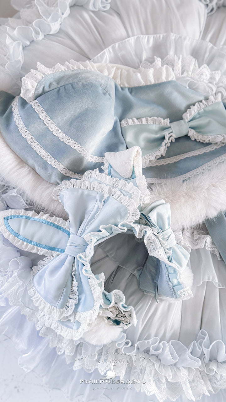 POSHEPOSE~Chuling Swan Lake~Sweet Lolita JSK Set Velvet Blue Dress for Prom 42865:755811