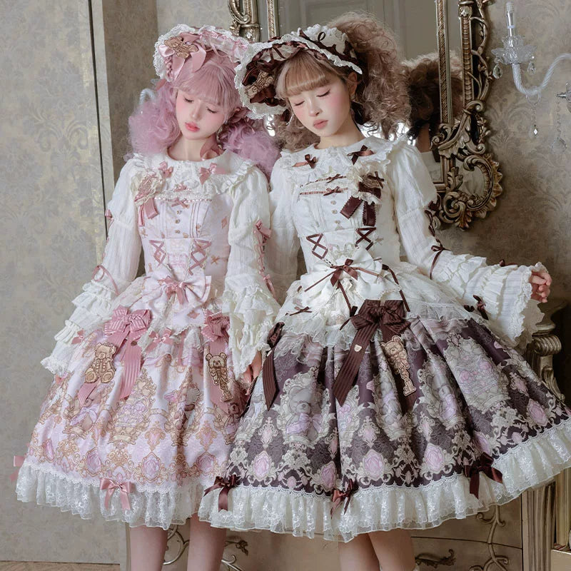 Antique Teddy Bear - Classic Lolita Printed JSK Dress with Ribbon Bows 45538:853263