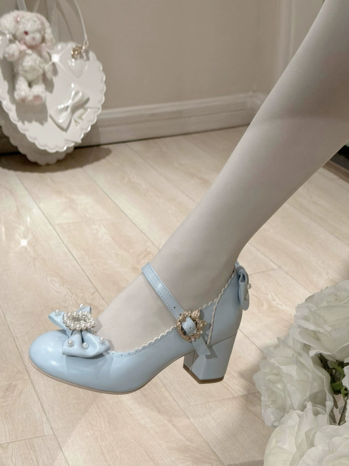 Pure Tea For Dream~Vintage Gemstone~Sweet Lolita Shoes Round Toe Heels with Bow