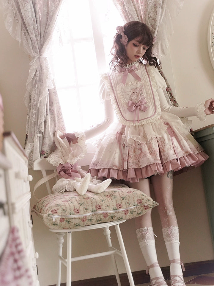 Half Sweet Lolita~Doll Garden~Sweet Lolita JSK Dress Cat Print Pink Dress Set   