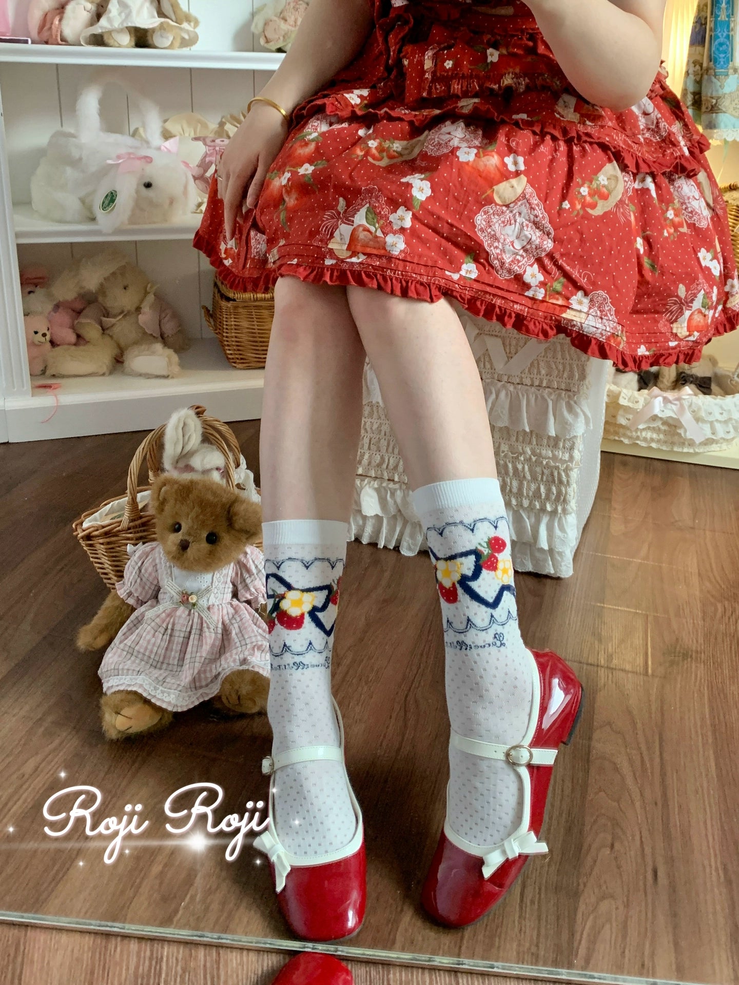 Roji Roji - Sweet Lolita Socks, Strawberry Print Navy Blue One Size