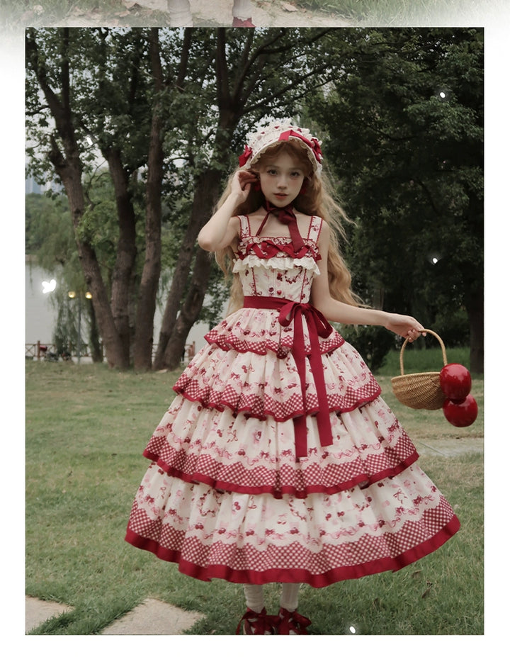 Honey Machine~Ripe Cherry~Country Lolita JSK Dress With Tiered Skirt and Cherry Print