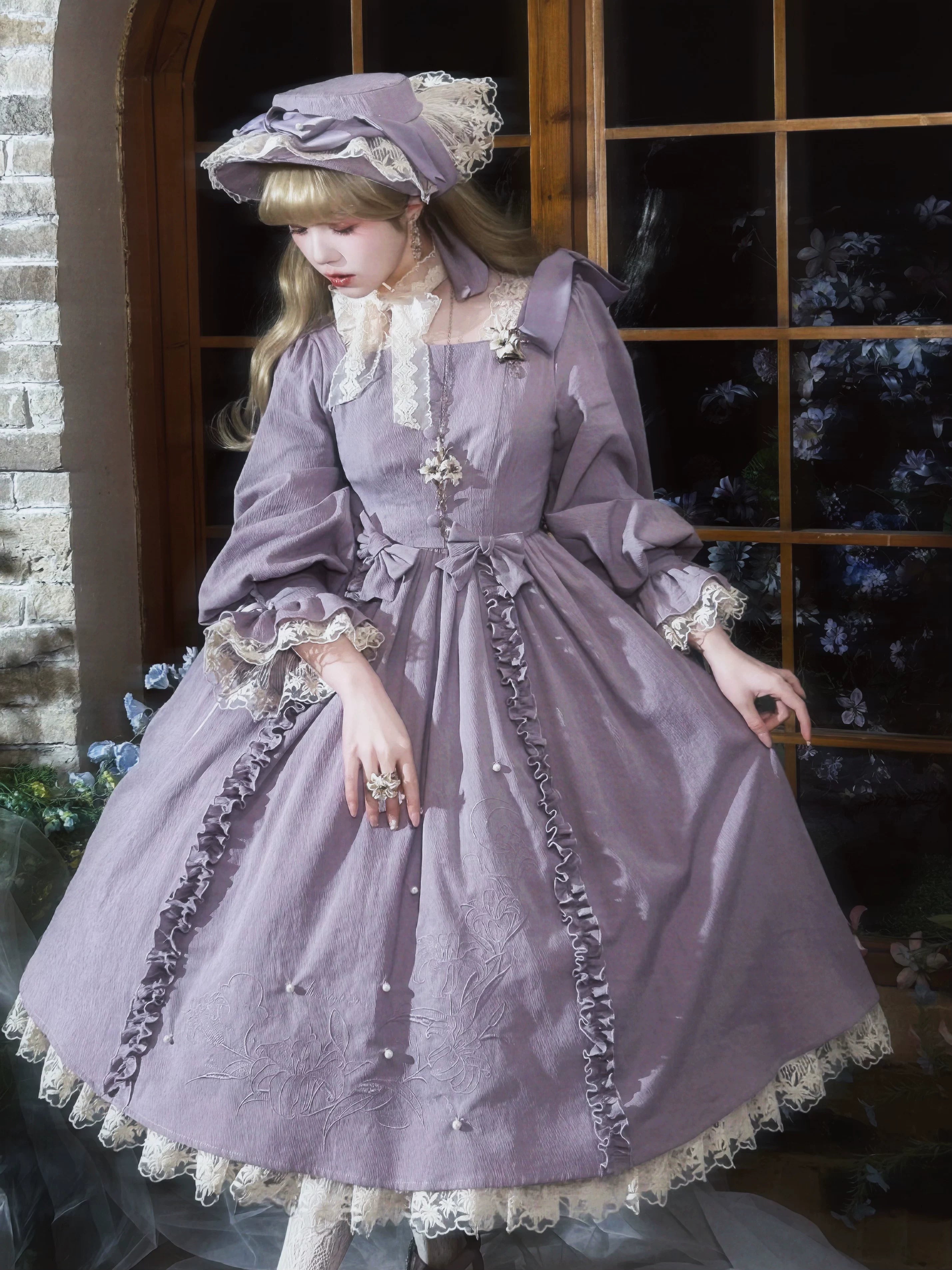 Moonlit Lily - Cotton Classic Lolita OP Dress, Lily Embroidery Purple - OP (with 2 small waist bows + a lace choker) S