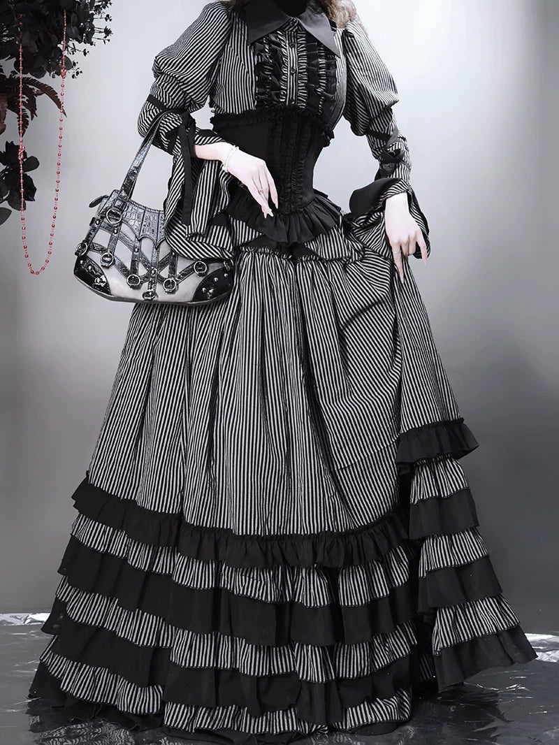 Striped Wednesday - Gothic Lolita Striped Blouse Set, Ruffled Corset 45176:838918